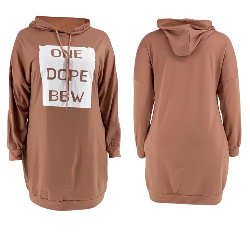 Brown Hoodie Dress with Graphic Print